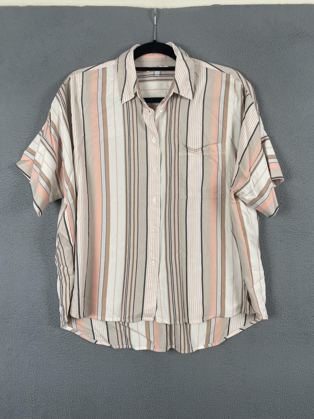 Madewell Tunic Button-Up Womens L Beige Striped Collared Short Sleeve Viscose